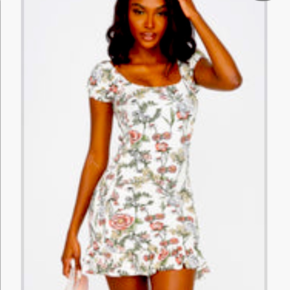 White Smocked Floral Cap Sleeve Ruffle Mini Dress